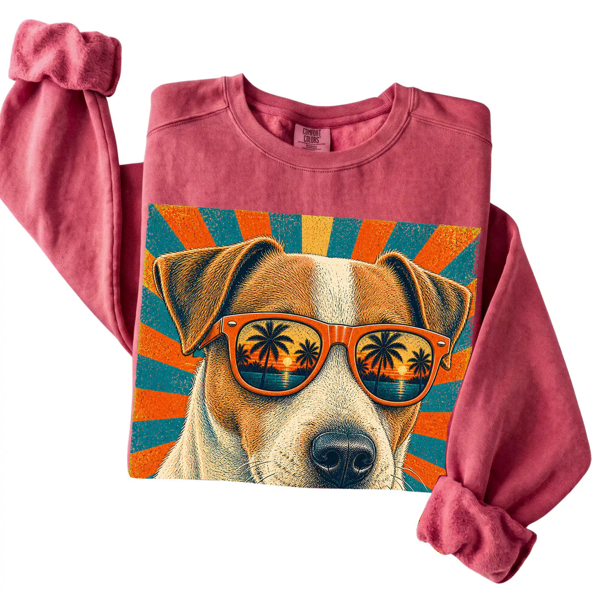 Folded Crimson Comfort Colors sweatshirt with a Retro Jack Russell Dad design