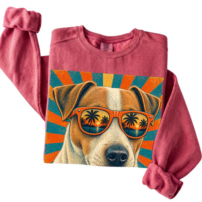 Folded Crimson Comfort Colors sweatshirt with a Retro Jack Russell Dad design