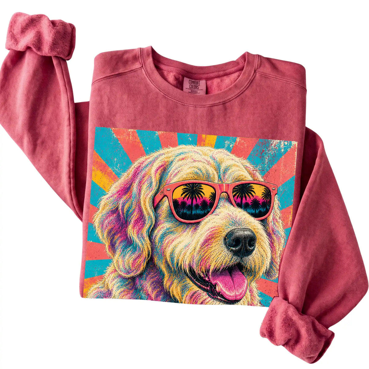 Folded Crimson Comfort Colors sweatshirt with a Retro Labradoodle Mama design