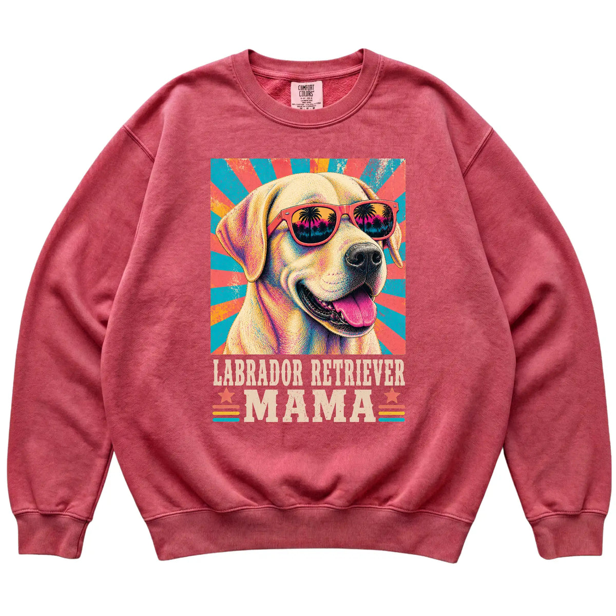 Retro Labrador Retriever Mama design on a Crimson Comfort Colors sweatshirt