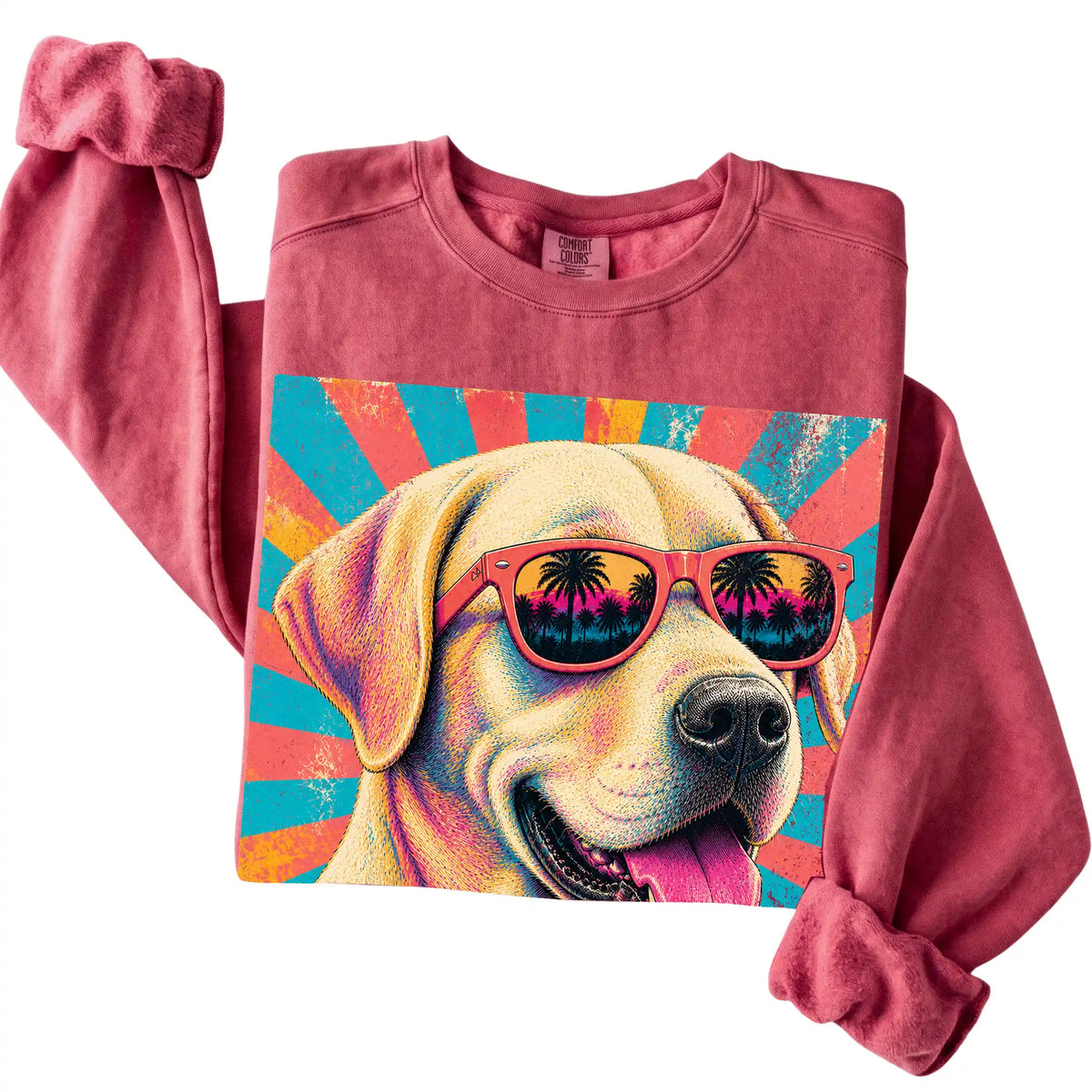 Folded Crimson Comfort Colors sweatshirt with a Retro Labrador Retriever Mama design
