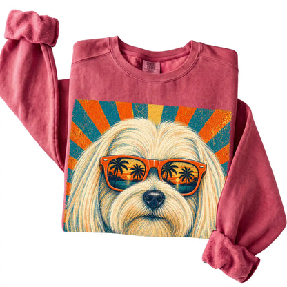 Folded Crimson Comfort Colors sweatshirt with a Retro Maltese Dad design