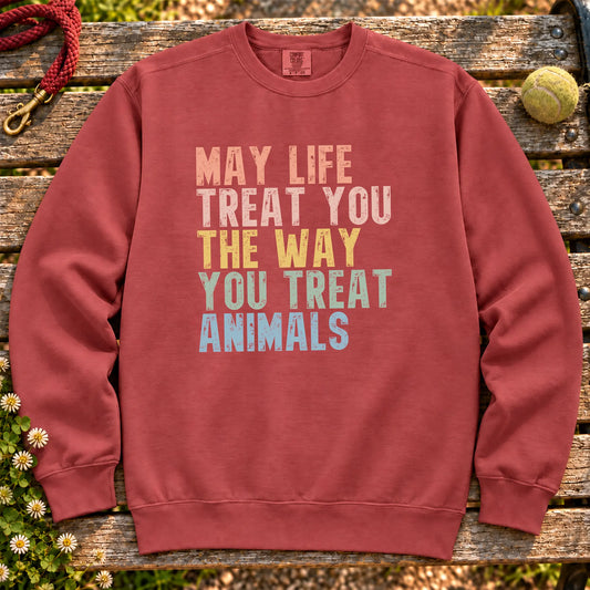 Colorful kindness to animals message on a Crimson sweatshirt