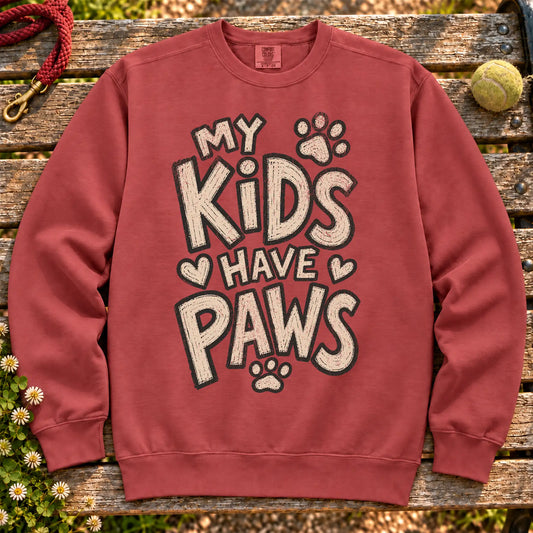My Kids Have Paws on a Crimson crewneck sweatshirt, shown flat