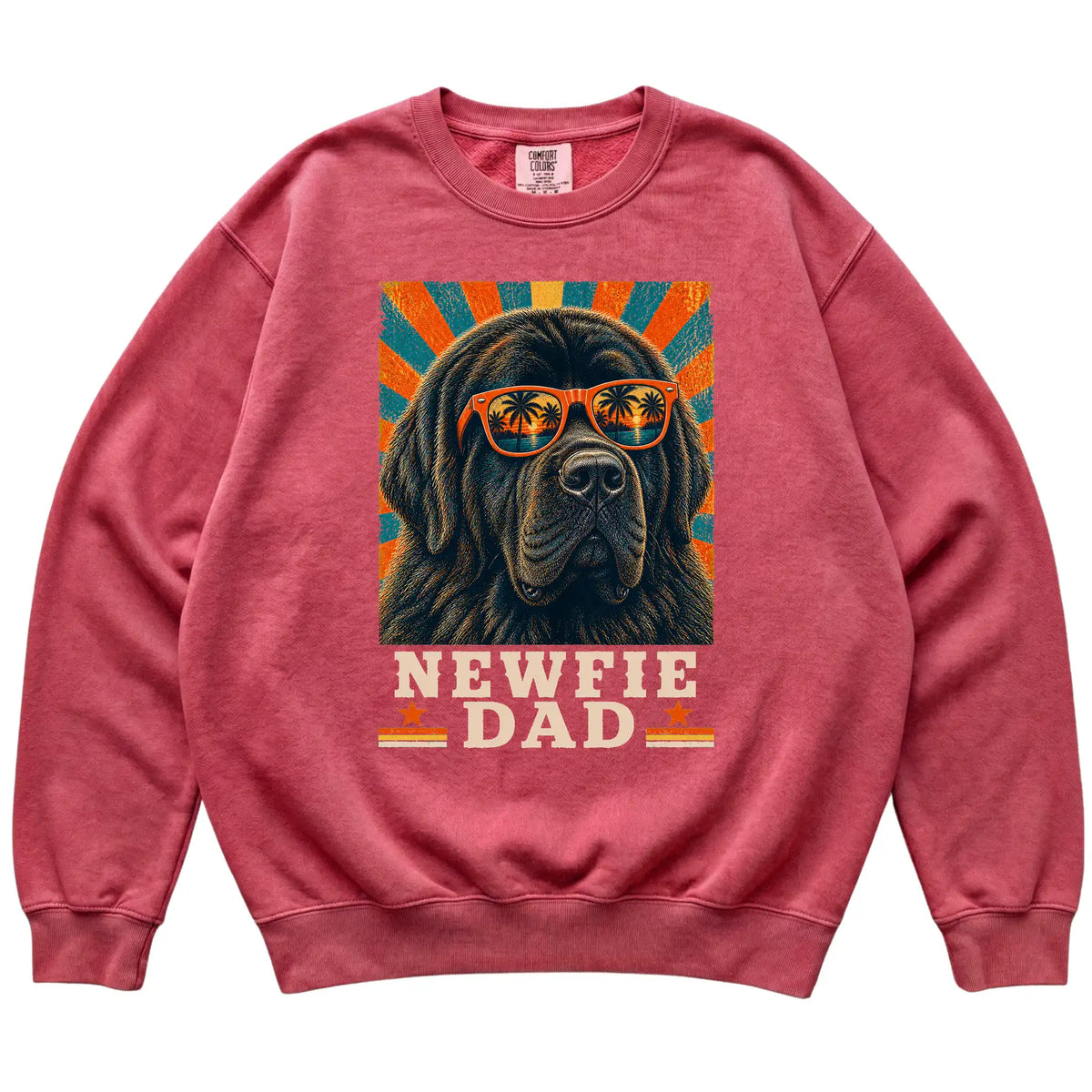 Retro Newfie Dad design on a Crimson Comfort Colors sweatshirt