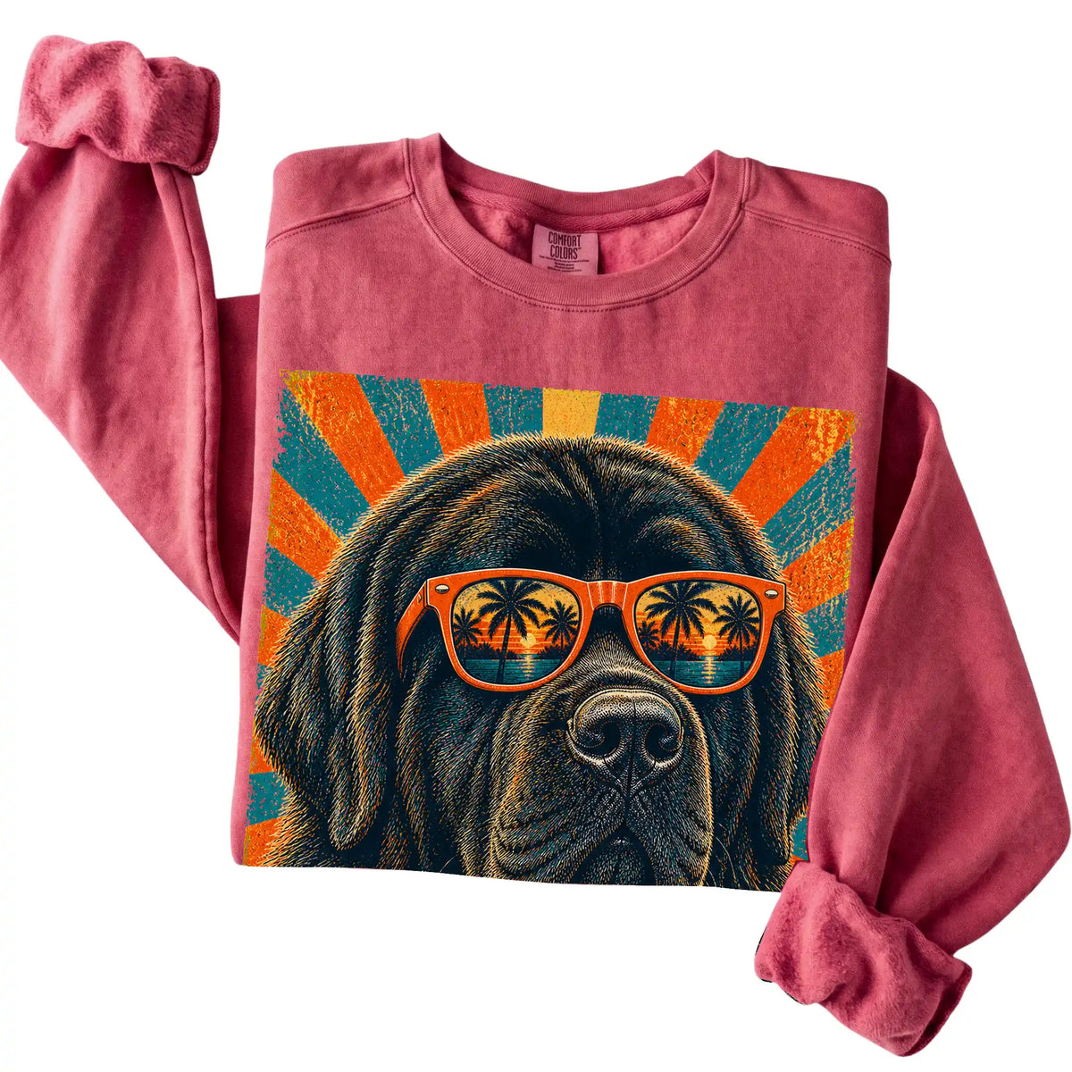 Folded Crimson Comfort Colors sweatshirt with a Retro Newfie Dad design