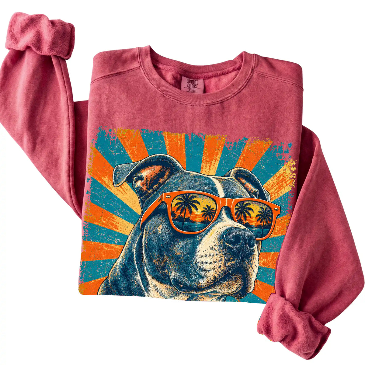 Folded Crimson Comfort Colors sweatshirt with a Retro Pitbull Dad design
