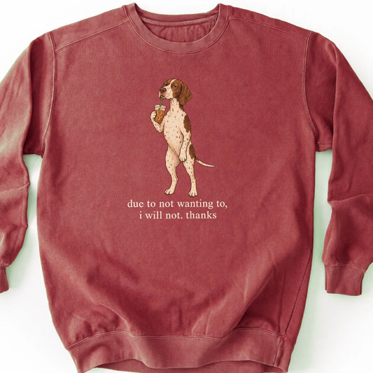 Pointer I Will Not design with iced coffee on a crimson sweatshirt