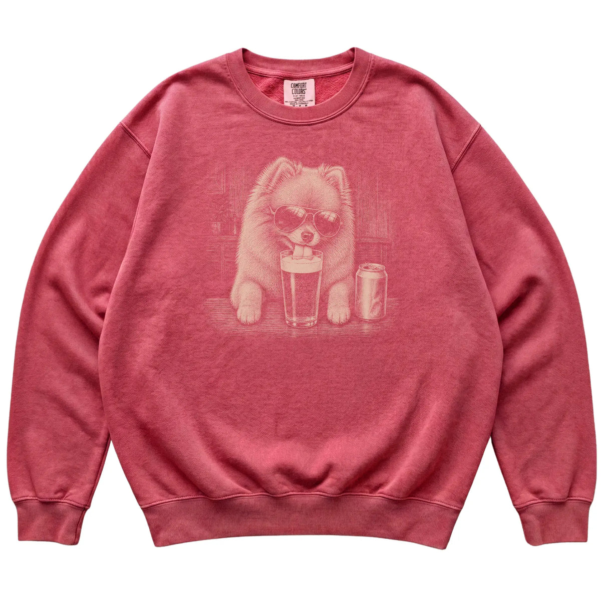 Crimson Pomeranian drinking from a pint at a bar, laid flat