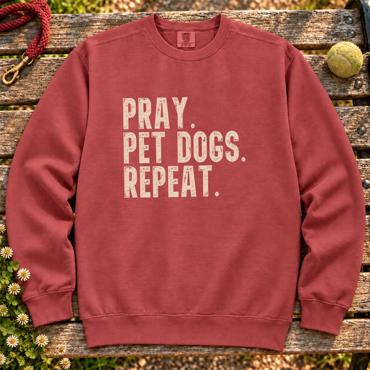 Pray, Pet Dogs, Repeat design on a Crimson Comfort Colors sweatshirt