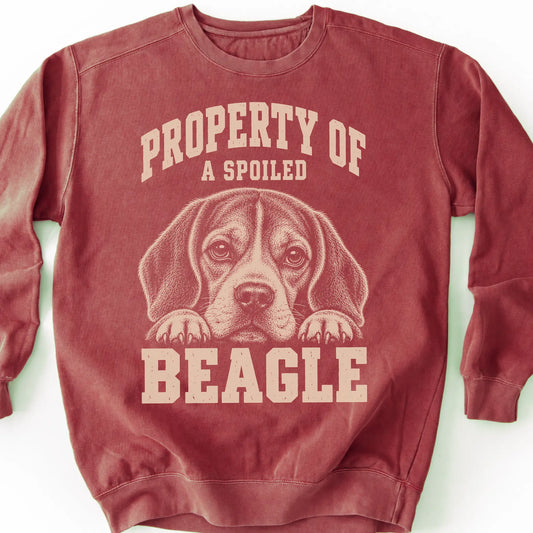 Crimson Beagle sweatshirt with a dog portrait and “Property of a Spoiled” lettering.