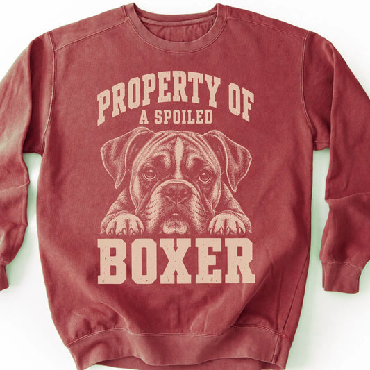 Crimson Boxer sweatshirt with a dog portrait and “Property of a Spoiled” lettering.
