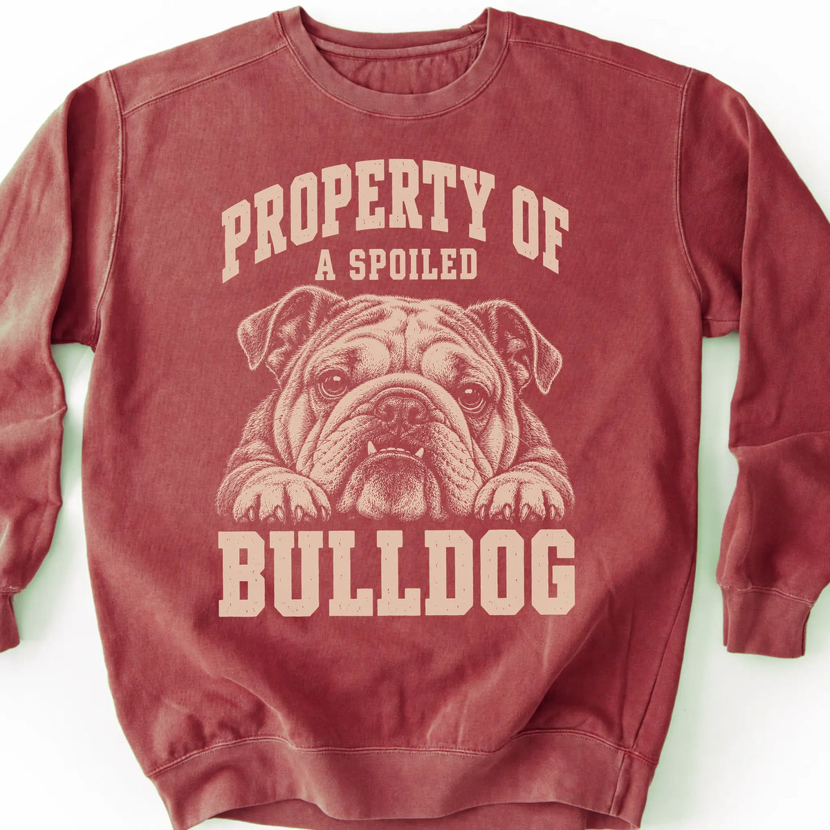 Crimson Bulldog sweatshirt with a dog portrait and “Property of a Spoiled” lettering.