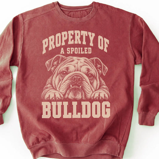 Crimson Bulldog sweatshirt with a dog portrait and “Property of a Spoiled” lettering.