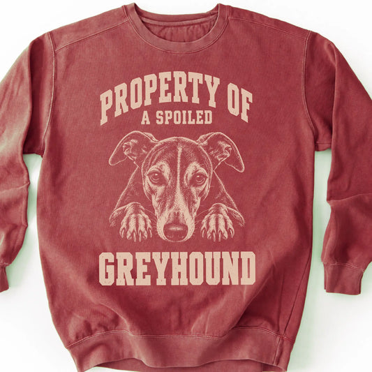 Crimson Greyhound sweatshirt with a dog portrait and “Property of a Spoiled” lettering.