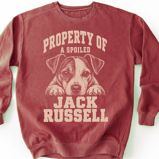 Crimson Jack Russell sweatshirt with a dog portrait and “Property of a Spoiled” lettering.