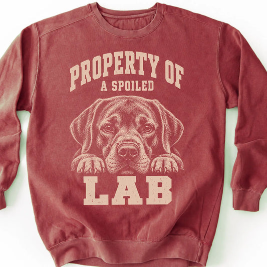 Crimson Labrador Retriever sweatshirt with a dog portrait and “Property of a Spoiled” lettering.