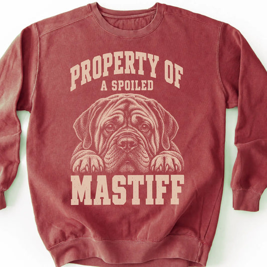 Crimson Mastiff sweatshirt with a dog portrait and “Property of a Spoiled” lettering.