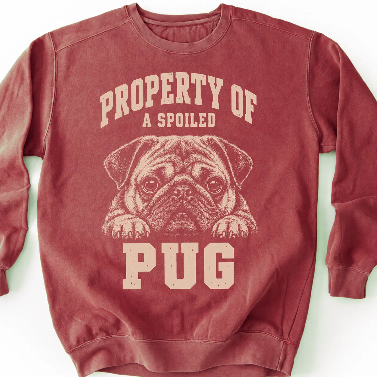 Crimson Pug sweatshirt with a dog portrait and “Property of a Spoiled” lettering.