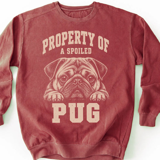 Crimson Pug sweatshirt with a dog portrait and “Property of a Spoiled” lettering.