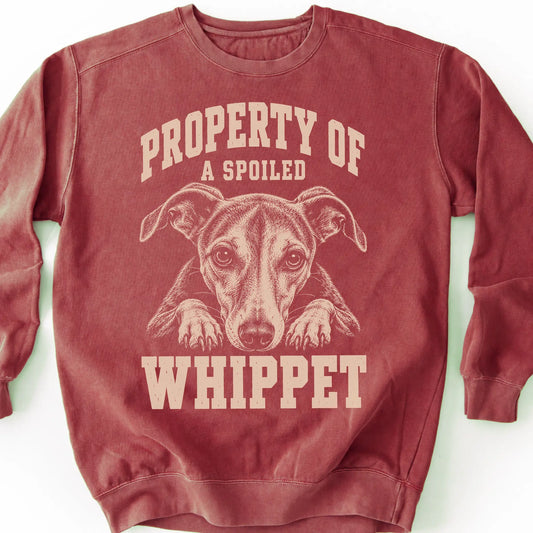Crimson Whippet sweatshirt with a dog portrait and “Property of a Spoiled” lettering.