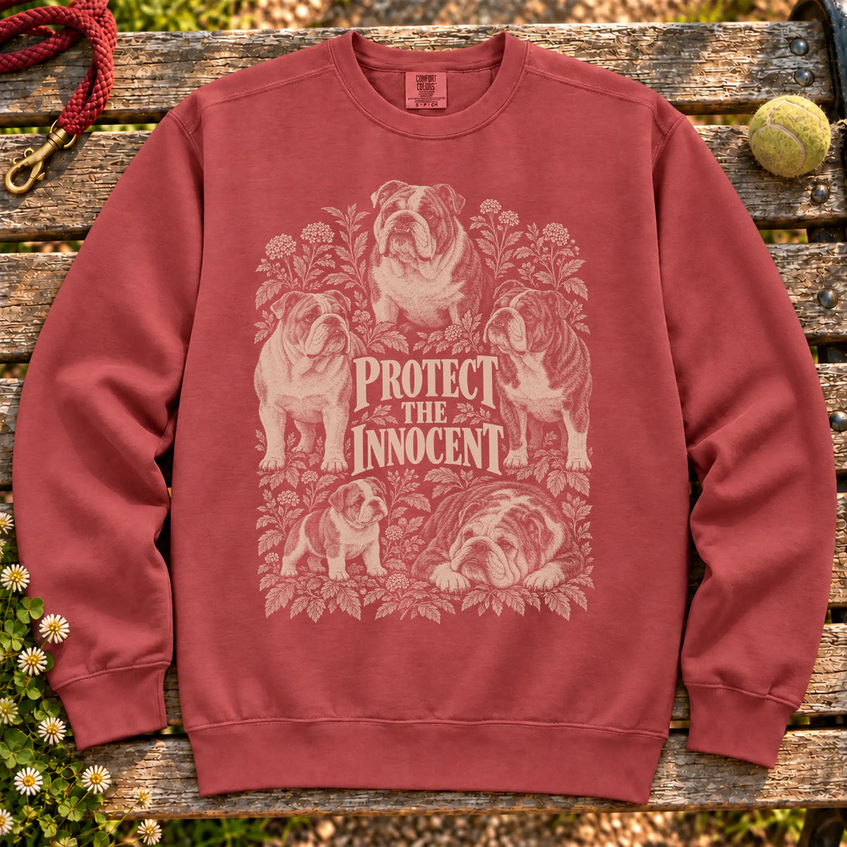 Protect the Innocent Bulldog design on a Crimson sweatshirt
