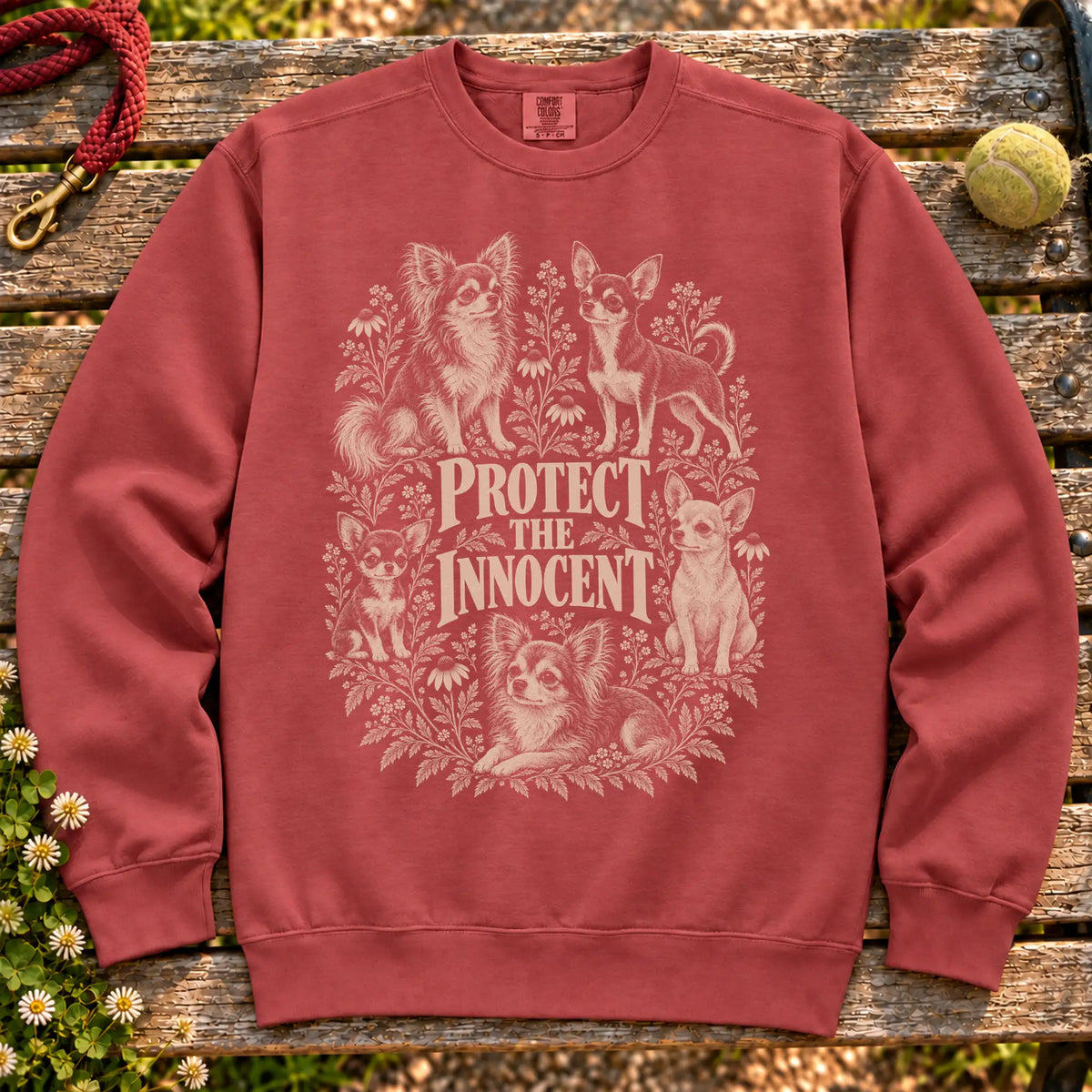 Protect the Innocent Chihuahua design on a Crimson sweatshirt