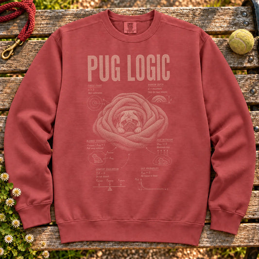 Pug Logic on a Crimson crewneck sweatshirt, shown flat