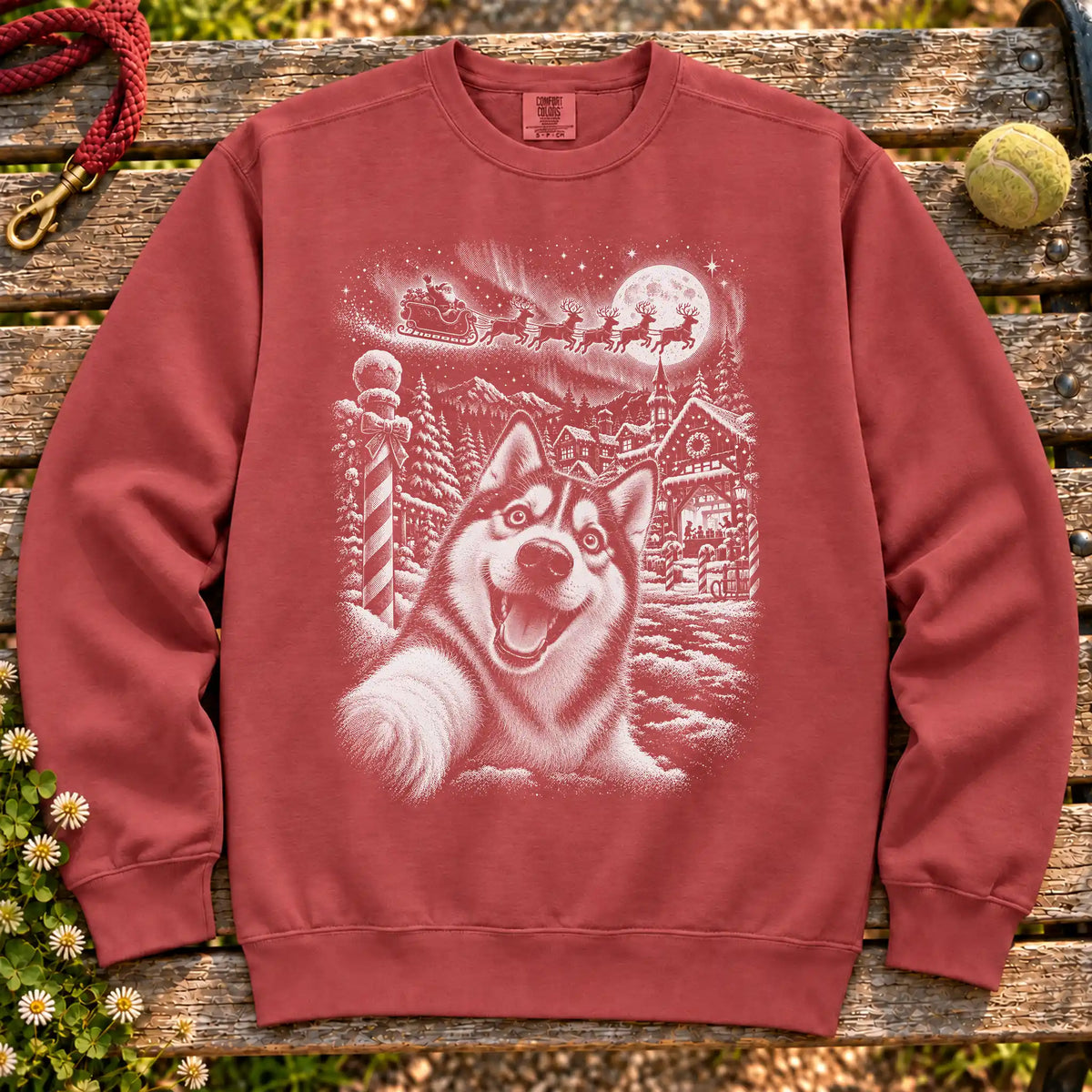 Husky Santa Selfie design on a Crimson sweatshirt