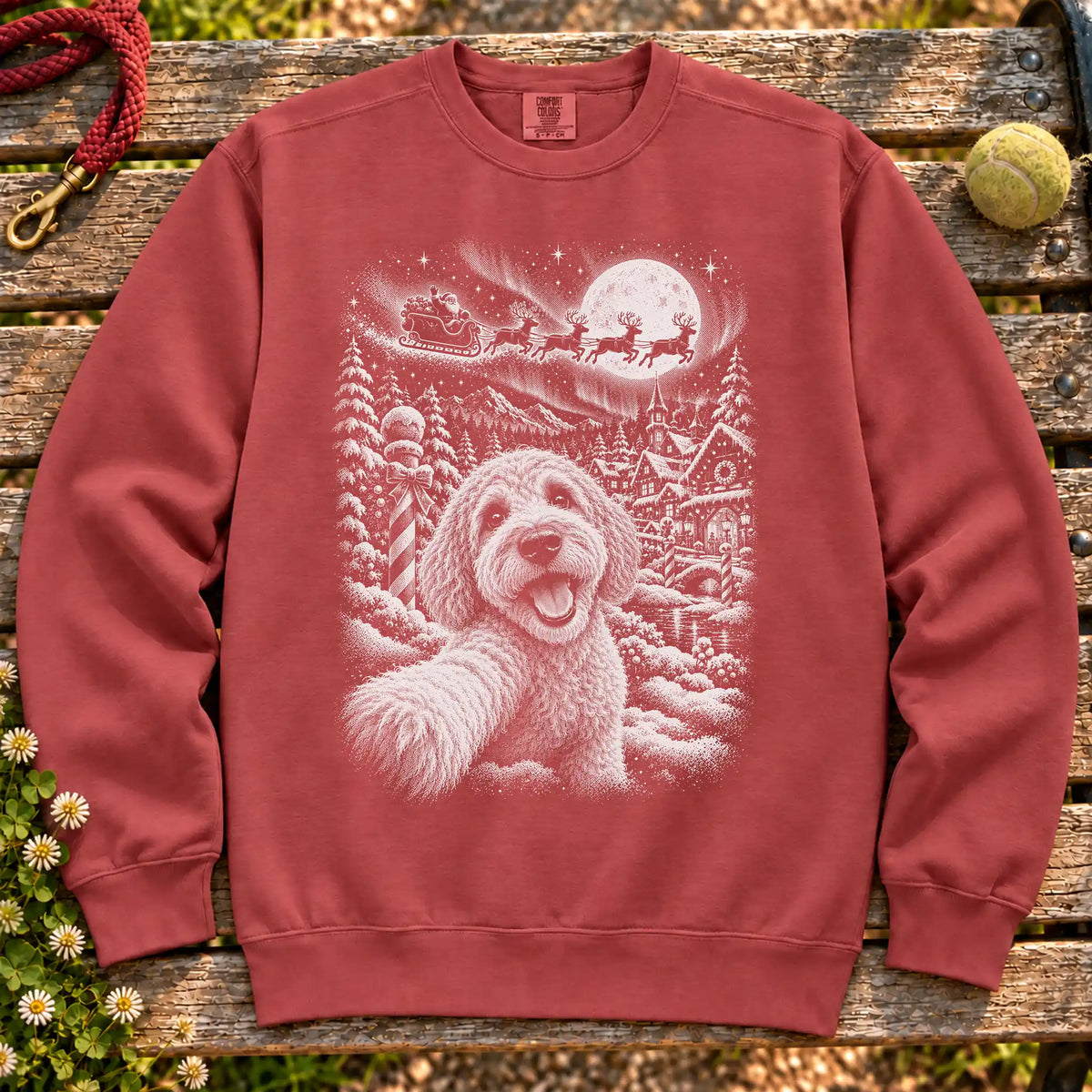Labradoodle Santa Selfie design on a Crimson sweatshirt