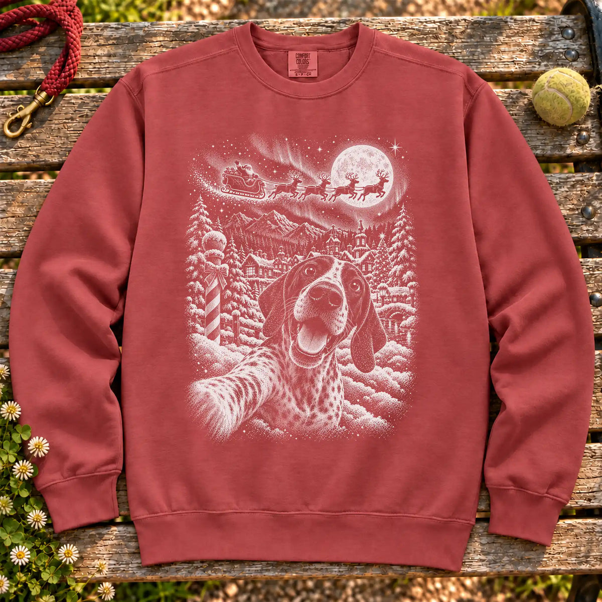 Pointer Santa Selfie design on a Crimson sweatshirt