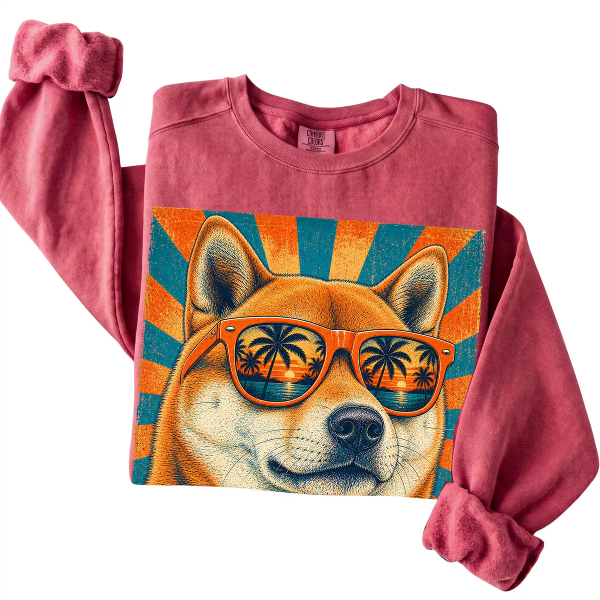 Folded Crimson Comfort Colors sweatshirt with a Retro Shiba Inu Dad design