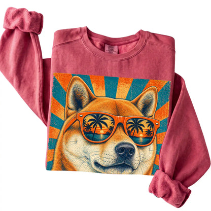 Folded Crimson Comfort Colors sweatshirt with a Retro Shiba Inu Dad design
