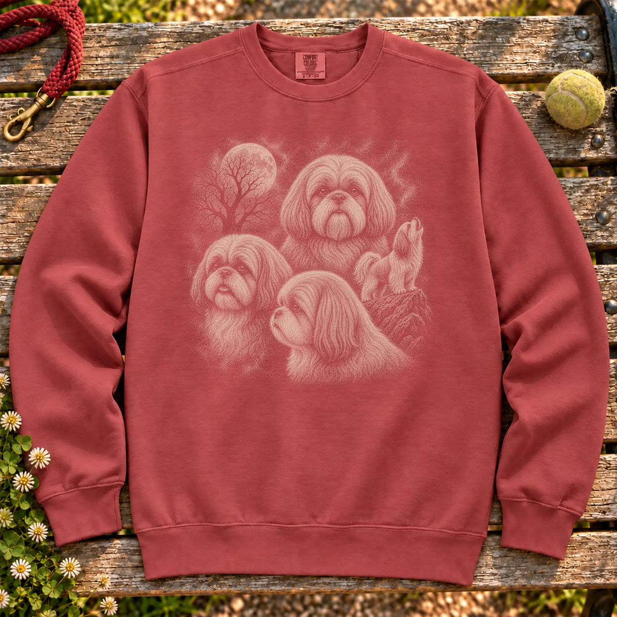Shih Tzu 90s Moon design on a Crimson Comfort Colors sweatshirt