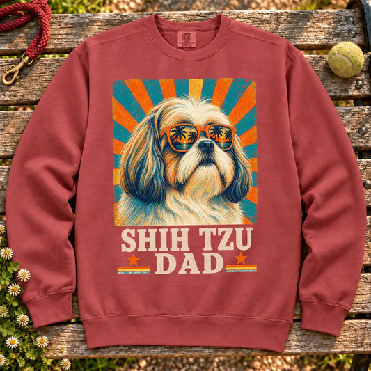 Shih Tzu Dad on a Crimson crewneck sweatshirt, shown flat