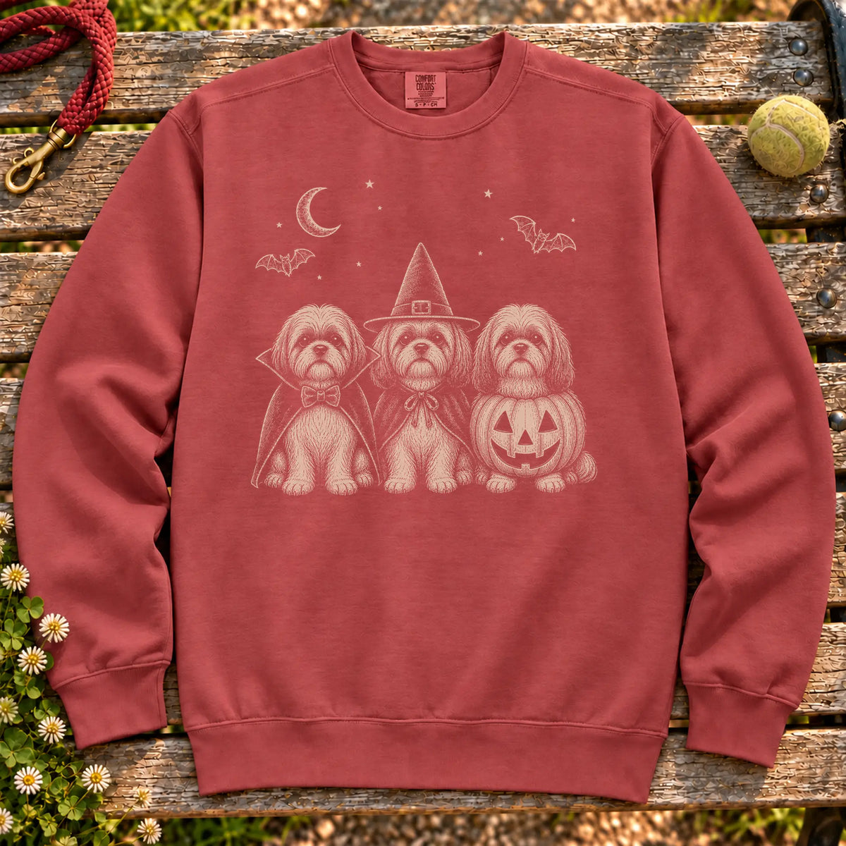 Shih Tzu Halloween Costume on a Crimson crewneck sweatshirt, shown flat