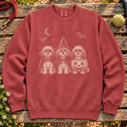 Shih Tzu Halloween Costume on a Crimson crewneck sweatshirt, shown flat