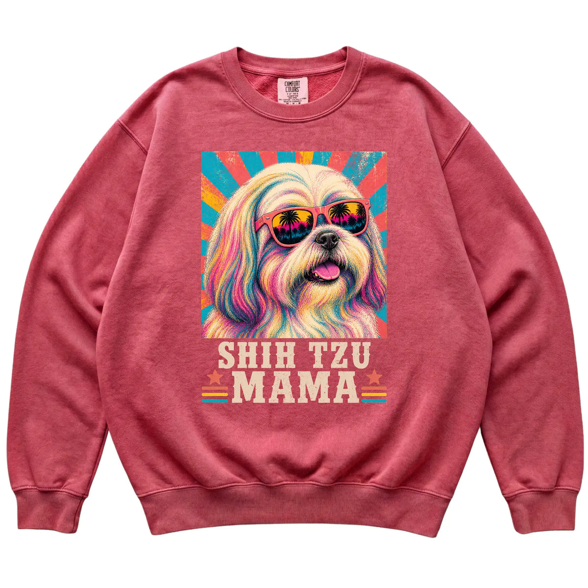 Retro Shih Tzu Mama design on a Crimson Comfort Colors sweatshirt
