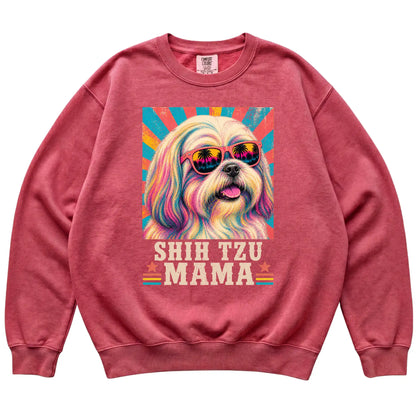 Retro Shih Tzu Mama design on a Crimson Comfort Colors sweatshirt