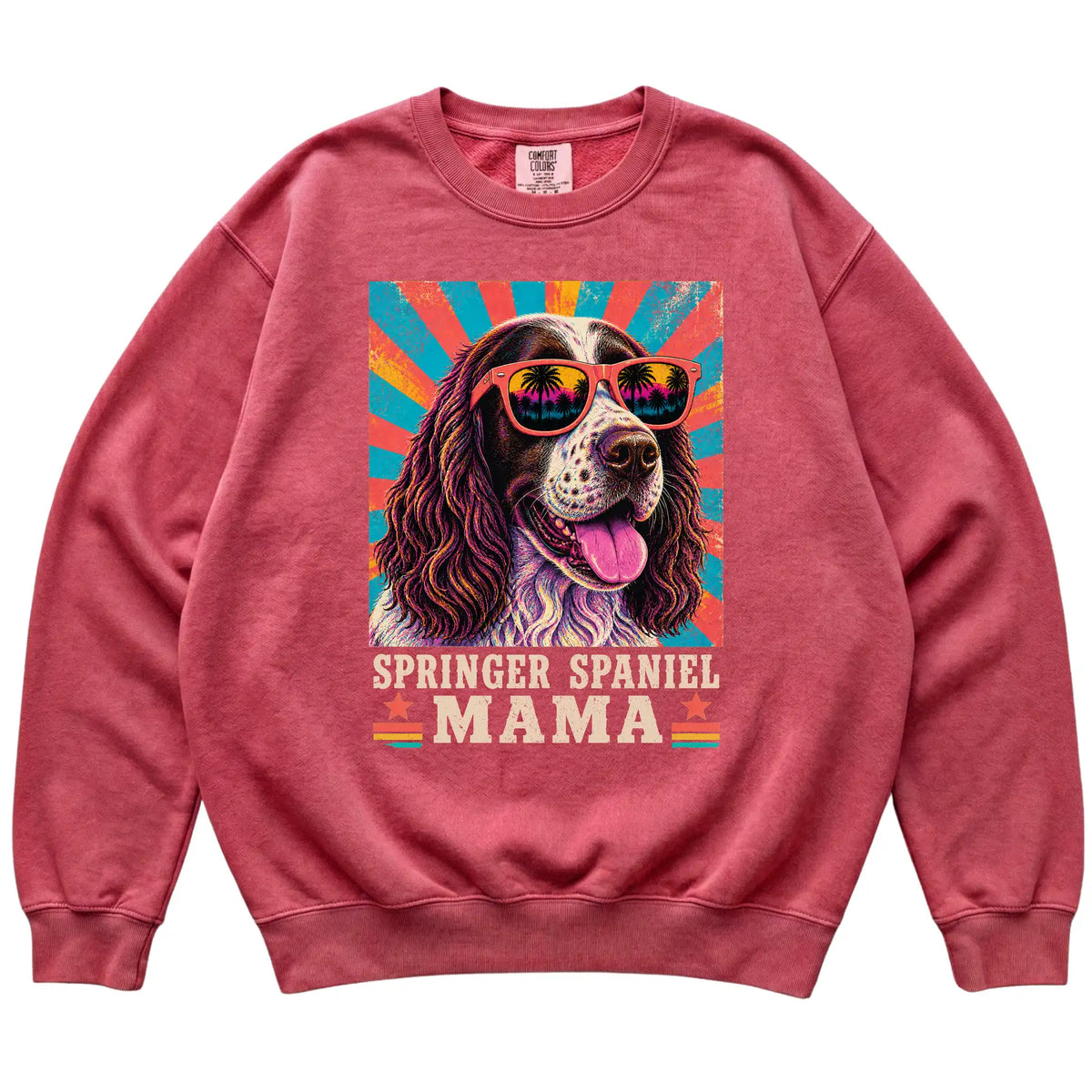 Retro Springer Spaniel Mama design on a Crimson Comfort Colors sweatshirt