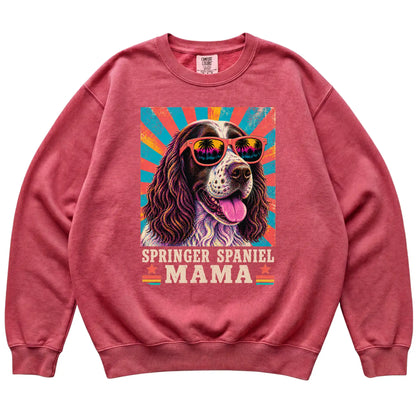 Retro Springer Spaniel Mama design on a Crimson Comfort Colors sweatshirt