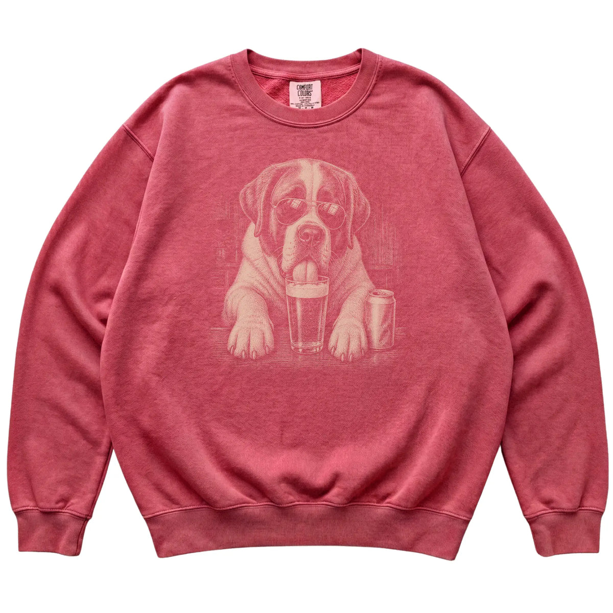 Crimson St Bernard drinking from a pint at a bar, laid flat