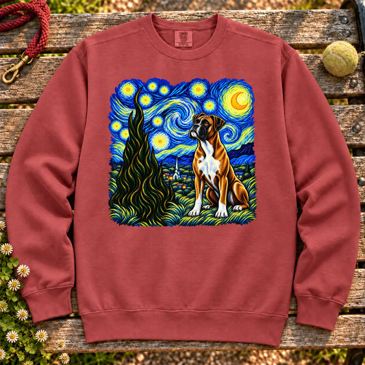Colorful Boxer beneath a swirling starry night sky on a Crimson sweatshirt