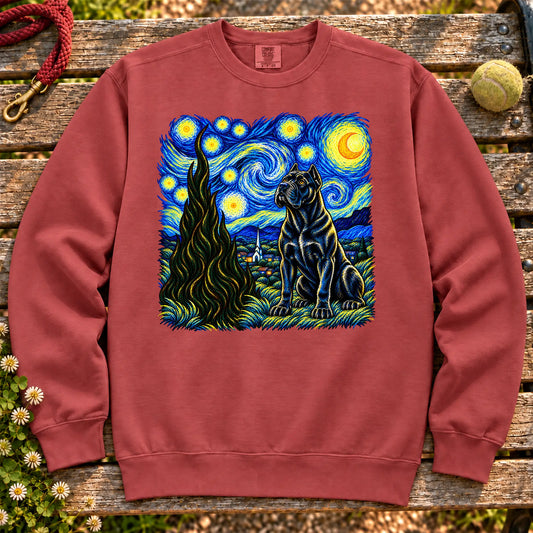 Colorful Cane Corso beneath a swirling starry night sky on a Crimson sweatshirt