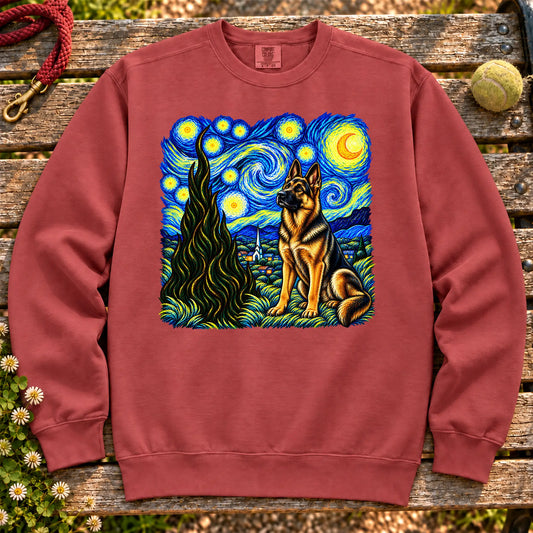 Colorful German Shepherd beneath a swirling starry night sky on a Crimson sweatshirt