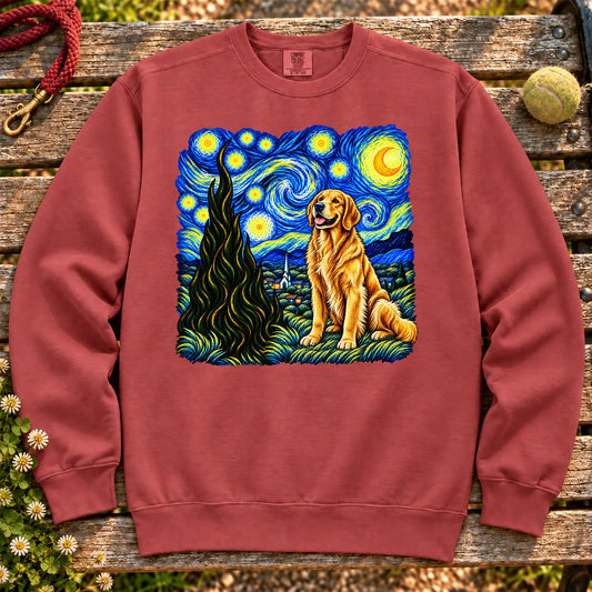 Colorful Golden Retriever beneath a swirling starry night sky on a Crimson sweatshirt