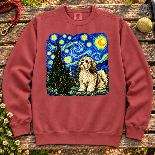Colorful Havanese beneath a swirling starry night sky on a Crimson sweatshirt