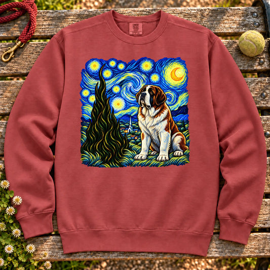 Colorful Saint Bernard beneath a swirling starry night sky on a Crimson sweatshirt