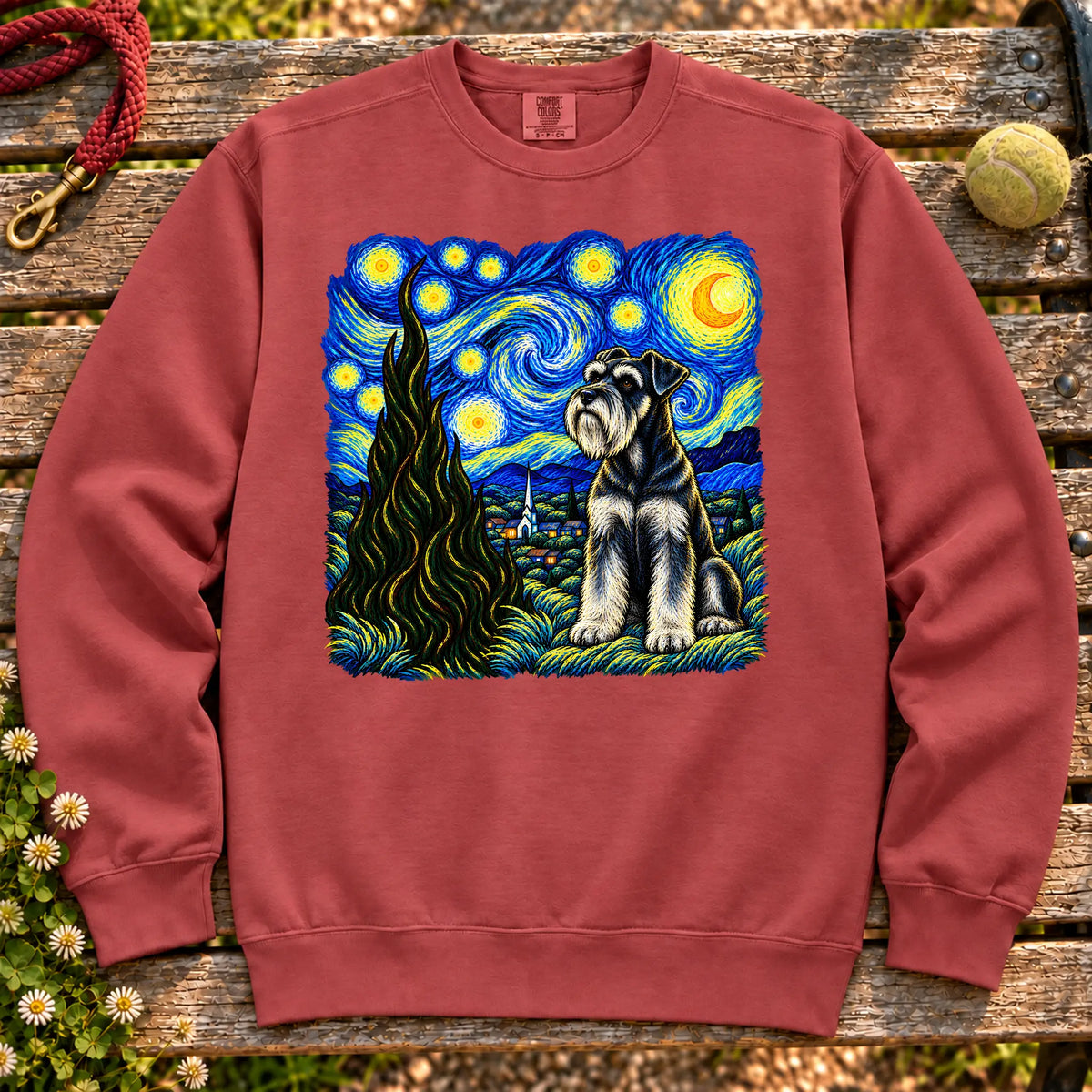 Colorful Schnauzer beneath a swirling starry night sky on a Crimson sweatshirt