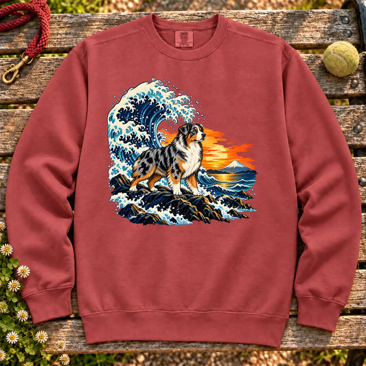 Australian Shepherd dog with ocean waves, sunset and Mount Fuji on a Crimson Comfort Colors sweatshirt